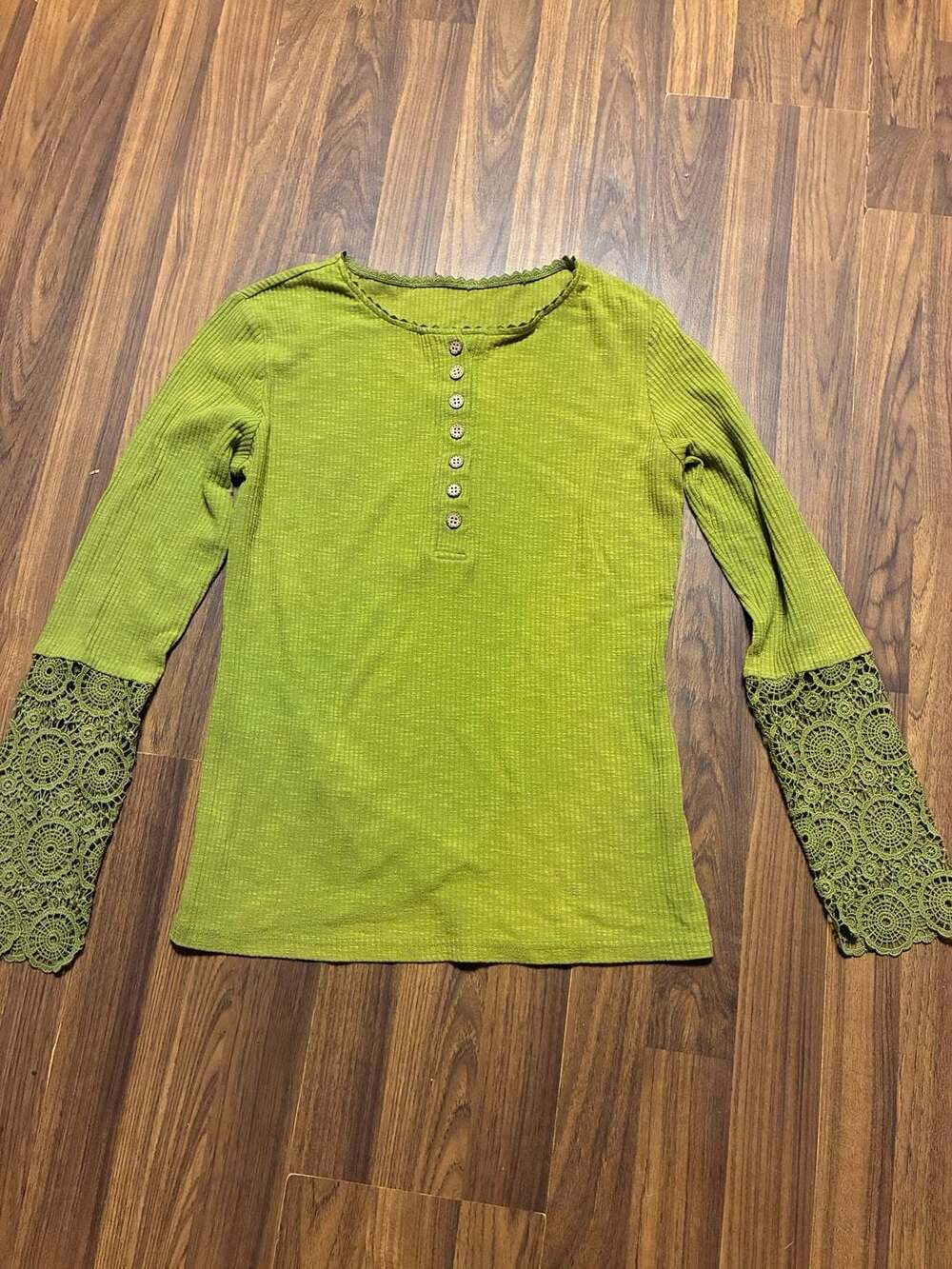Green Waffle Knit Henley with Crochet Bell Sleeves